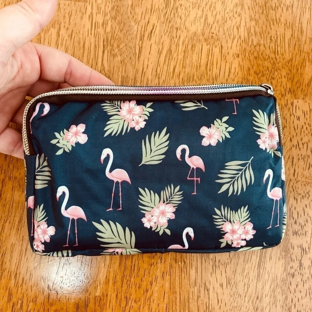 Flamingo Palm Leaf Print Wristlet Tropical Pouch Multi-Zipper Clutch Organizer